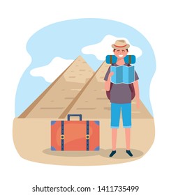 man wearing hat and backpack with egyptian pyramid destination