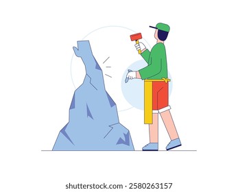 Man wearing hat is carving a statue from stone, professional skill. Character design. Vector flat illustration