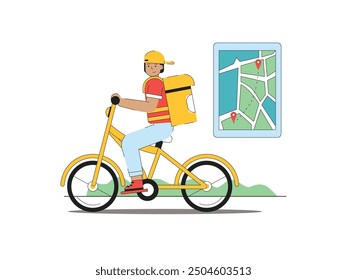 Man wearing hat is delivering order by bike, courier is going to customer's house. Character design. Vector flat illustration