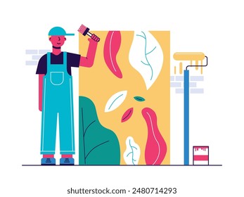 Man wearing a hat drawing mural art on a wall, with brush, roller and paint. Character design. Vector flat illustration