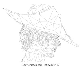 Um homem usando um chapéu é desenhado em um estilo preto e branco. O chapéu tem forma triangular e está posicionado em cima da cabeça do homem. A imagem tem uma sensação um tanto abstrata, com o chapéu