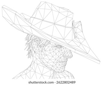 A man wearing a hat is drawn in black and white. The hat is a triangle shape and is positioned on the man's head