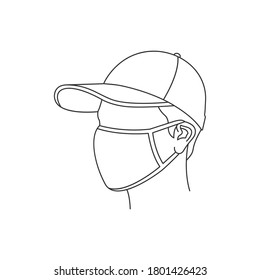 Hombre con un icono de línea de sombrero y máscara facial. Ilustración del vector