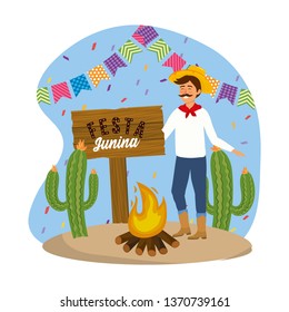 man wearing hat with firewood and party banner