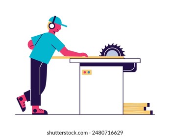 Man wearing hat and headphones is cutting wood with saw machine in his warehouse. Character design. Vector flat illustration