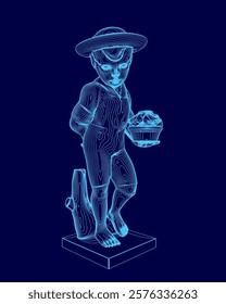 Man wearing a hat is holding a basket. The man is standing on a pedestal, and the basket is in his hand. The image has a blue and white color scheme, and the man's hat is the main focus of the image