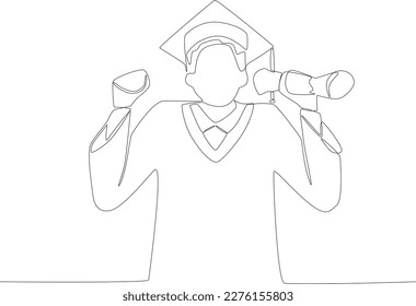 A man wearing a hat and holding certificate on his graduation day. Graduation one-line drawing