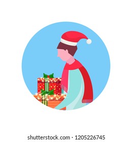 man wearing hat holding gift box happy new year merry christmas concept male face avatar profile cartoon character portrait isolated vector illustration