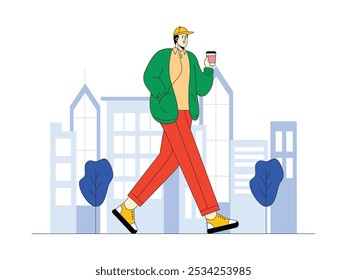 Un hombre con un sombrero y un abrigo camina por la ciudad mientras escucha música y disfruta de una taza de bebida, una Ilustración vectorial de la vida urbana moderna.