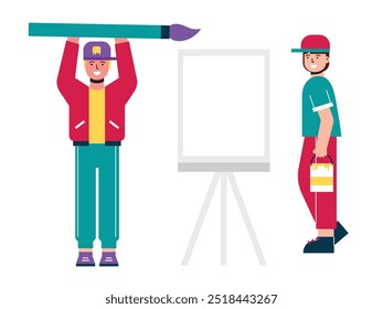 A man wearing a hat is in a painting class, learning about the art of creating pictures. Character design. Vector flat illustration