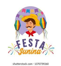man wearing hat with party banner and lanterns