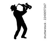 A man wearing hat playing saxophone silhouette. Editable EPS 10 vector graphic isolated on white background.
