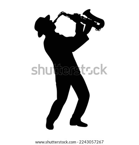 A man wearing hat playing saxophone silhouette. Editable EPS 10 vector graphic isolated on white background.