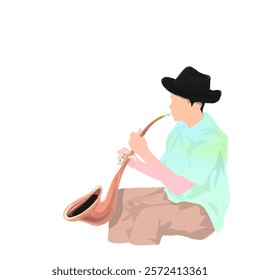 a man wearing a hat is playing a trumpet