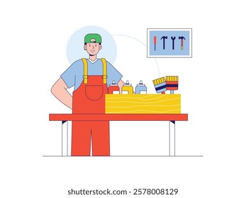 Man wearing hat, preparing tools for work. Handcraft. Character design. Vector flat illustration