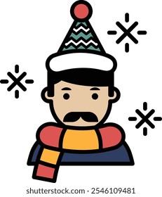 A man wearing a hat and scarf with a mustache. The hat is red and green and the scarf is orange. The man is smiling and he is enjoying the cold weather