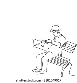 A Man Wearing Hat And Sitting Alone On Stool In Continue Line Style. Side View Of One Man Reading Newspaper On Chair In Park In Single Line.  Minimalist Black Linear Sketch Vector Isolated Characters.