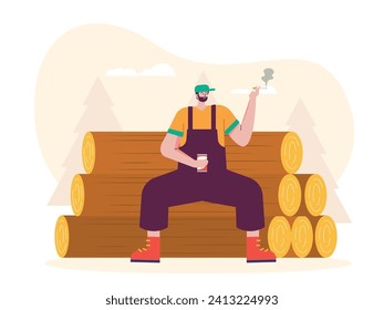 Mann mit Hut sitzend auf langen Holz rauchen im Wald, industrielle Arbeit. Zeichendesign. Vektorgrafik