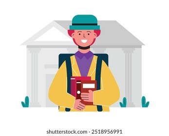 Hombre con sombrero sonriendo frente al edificio del campus, nuevo estudiante universitario. Diseño de personajes. Ilustración plana de Vector
