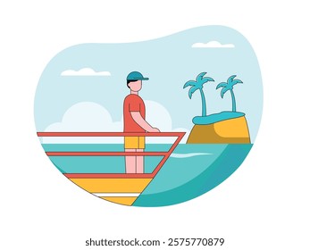 Man wearing hat standing on boat, enjoying sea view in summer. Character design. Vector flat illustration