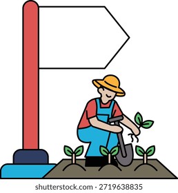 Um homem usando um chapéu está cuidando de uma planta pequena, provavelmente uma muda. Ele está colocando a planta cuidadosamente no solo, garantindo que ela esteja posicionada corretamente e tenha espaço suficiente para crescer