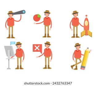 man wearing hat in various poses characters illustration