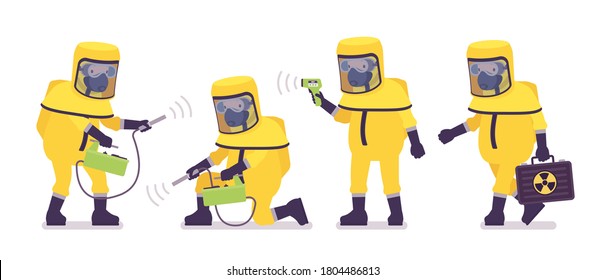 Man wearing hazmat protective clothing holding Geiger counter, thermometer, box. Worker in level A suit, coverall, chemical resistant glove, breathing apparatus. Vector flat style cartoon illustration