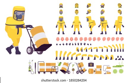 Man wearing hazmat protective clothing construction set. Worker in level A suit, coverall, chemical resistant gloves, tools, equipment, breathing apparatus. Vector illustration