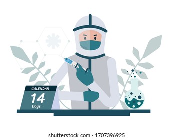 A man wearing hazmat suits detects himself in the house to prevent the spread of the corona virus.Concept of covid19 quarantine.