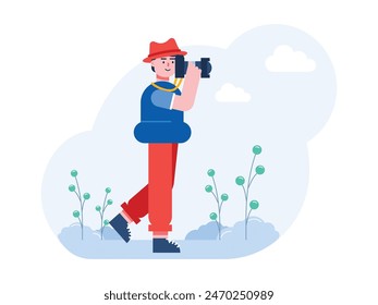 Hombre con sombrero de cabeza tomando fotos en una hermosa naturaleza, hobby fotografiar con una cámara. Diseño de personajes. ilustración de datos de Vector