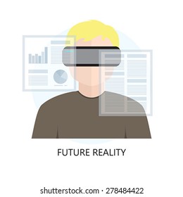 Man Wearing Head Mounted Display and Working with Documents. Flat Icon Illustration