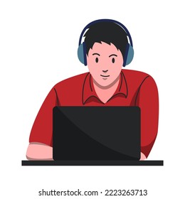 Man wearing headphone is working on his laptop doing his job in the office or home, people illustration vector.