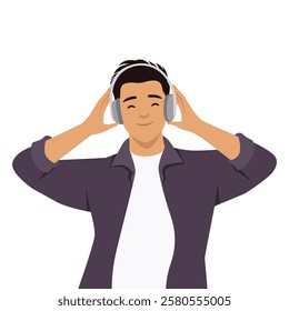 Man wearing headphones and enjoying music with a relaxed expression. Flat vector illustration isolated on white background