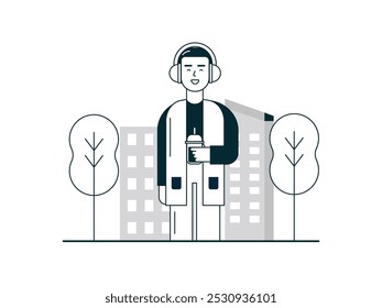 Hombre con auriculares escuchando música en el parque de la ciudad mientras bebe café helado. Diseño de personajes. Ilustración plana de Vector