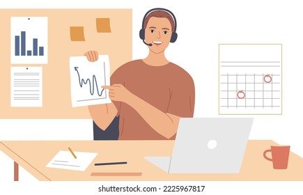 Man wearing headphones and microphone broadcasts online on business and finance