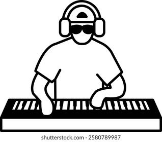 A man wearing headphones and sunglasses sits at a keyboard. He is playing music. Concept of relaxation and enjoyment, as the man is fully immersed in his music