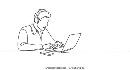 Man wearing headphones using