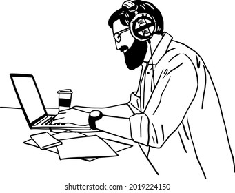 Hombre con auriculares trabajando en una computadora portátil Creative people Business Hand dibujó la línea ilustrativa