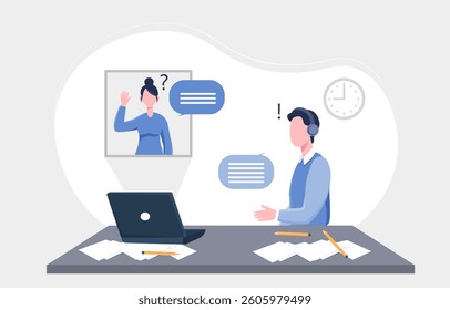 Man wearing headset communicates with confused woman via laptop screen, shown in flat graphic style on white background, concept of virtual assistance. Vector illustration