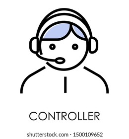 Man wearing headset, controller or client services and communication isolated icon vector. Call center service worker in headphones with microphone. Delivery and shipping operator, helpline or hotline