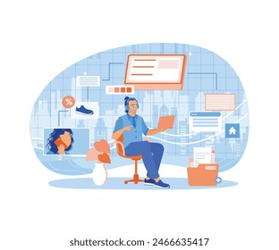 Man wearing a headset. Helping customers in online shopping. Online assistant concept. Flat vector illustration.