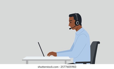 A man wearing a headset, sitting at a desk and working on a laptop, representing remote work or online communication