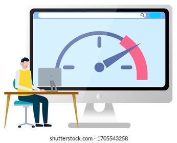 Man wearing headset working at desktop computer sitting at office desk. Monitor with clock, opened browser page on background vector illustration