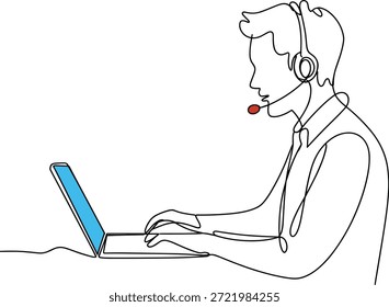 Hombre con auriculares trabajando en la computadora portátil.