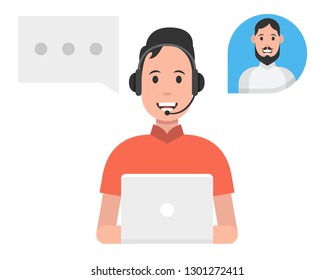 Man wearing headsets conceptual of client services and communication. Call center service concept. Vector illustration.