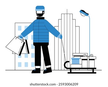 A man wearing a heavy jacket and a beanie is pulling a train filled with gifts, celebrating Christmas. Design character. Vector flat illustration