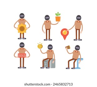man wearing helmet characters in various poses vector illustration