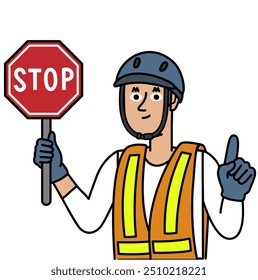 Man wearing a helmet and holding a stop sign gesturing with her finger