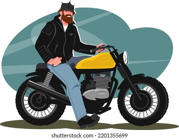 Un hombre con casco y chaqueta de cuero se sienta en una motocicleta. Un ciclista en bicicleta se está preparando para montar. Ilustración vectorial de acciones