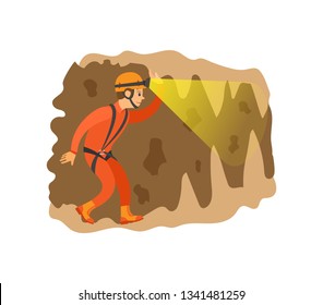 Man wearing helmet with light going in cave, male insurance going in antre, side view of person in orange suit, extreme or dangerous tourism vector